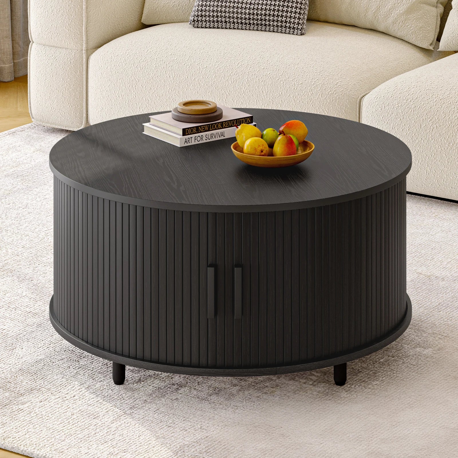 Round Coffee Table with Storage, 31.5 In Drum Coffee Table with 360° Curved Sliding Door, ModernFluted Wood Accent Coffee Tablee