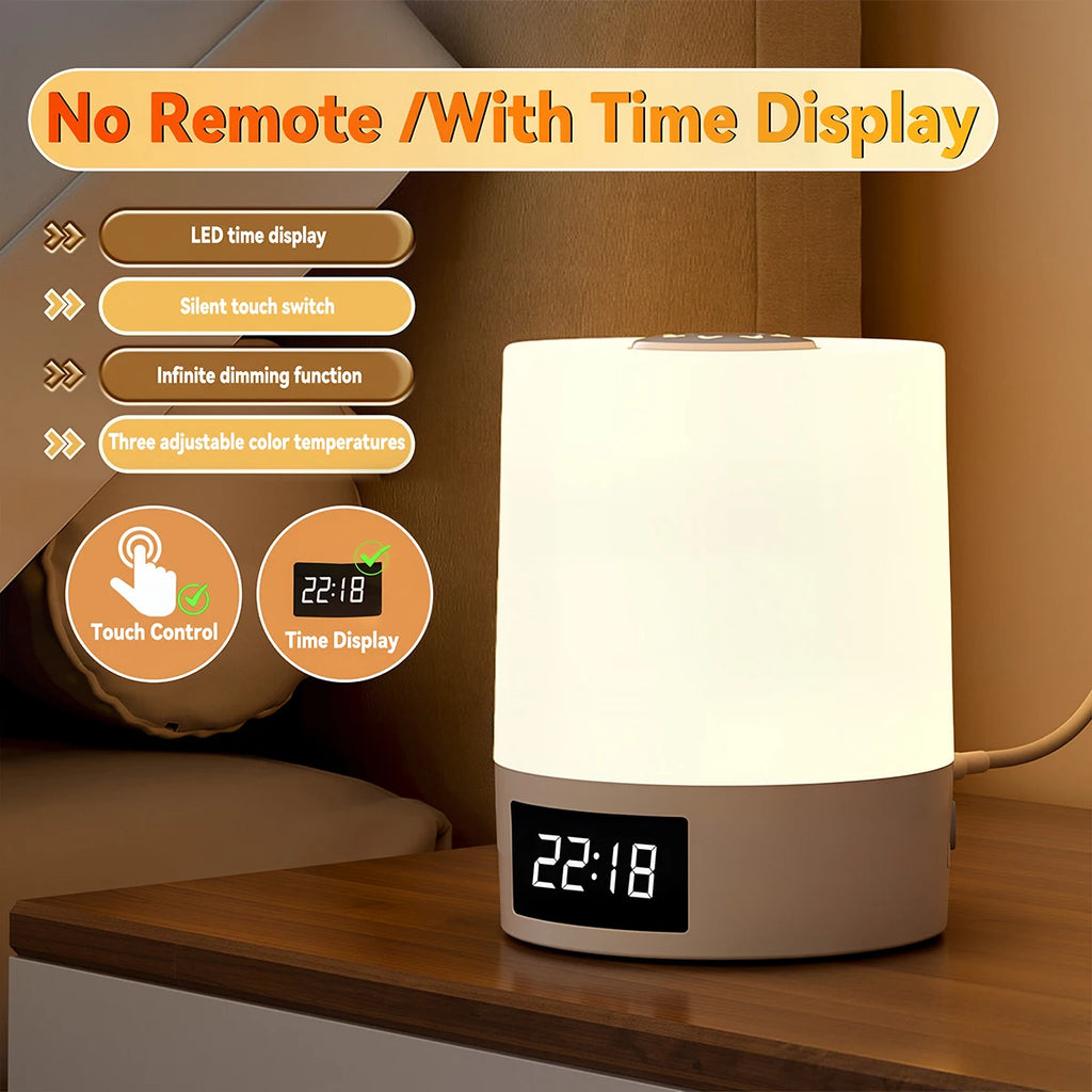 Touch Control LED Night Light with Clock Timer Remote Control USB Bedside Lamp Dimmable 3 Color Temperature Bedroom Sleep Lamp