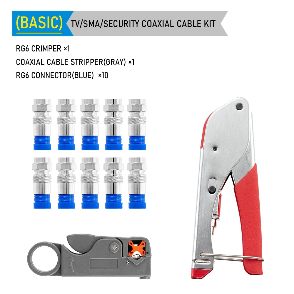 Coaxial Cable Crimping Pliers Set RG6 RG59 Wire Stripper Crimper Tool Kit 10pcs RG6 F-type Compression Connectors