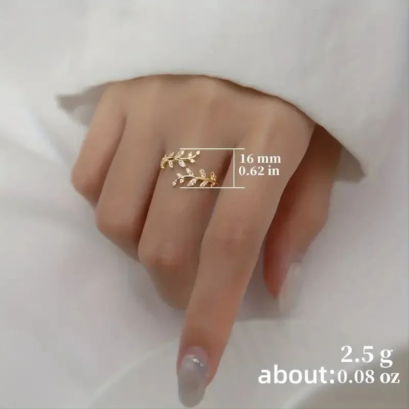 Korean Leaf Design Opening Rings For Women Sparkling Cubic Zirconia CZ Adjustable Ring Party Daily Wear Fashion Jewelry Gift