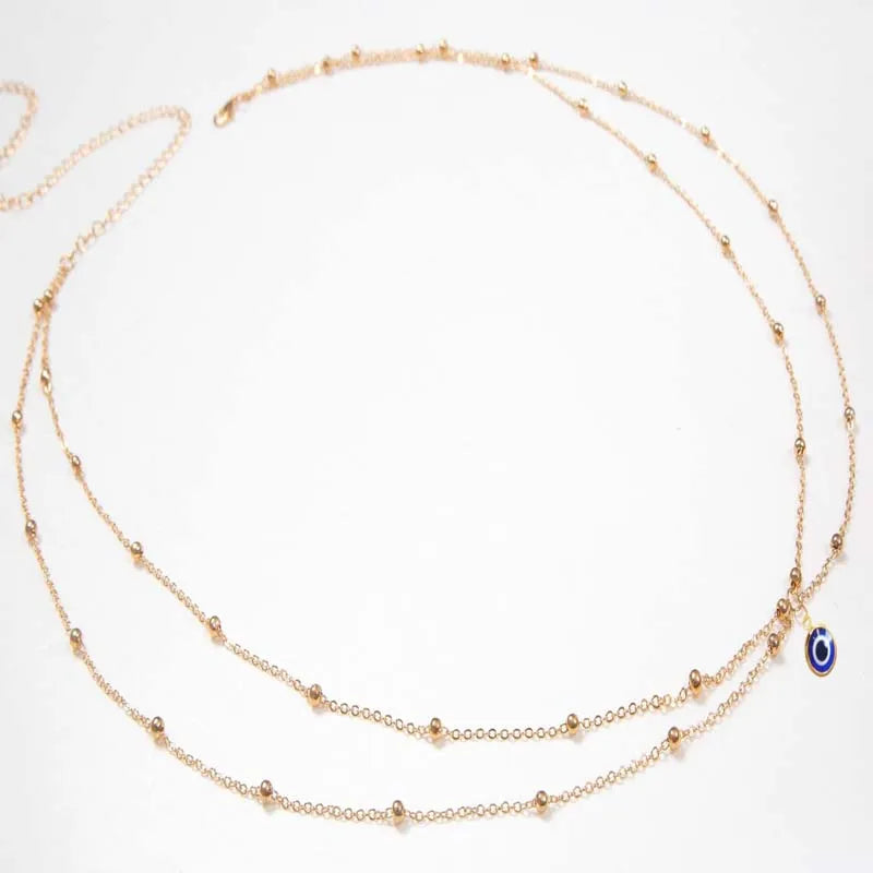 Fashion Double Layer Beaded Waist Chain for Women Simple Gold Color Metal Cross Round Bead Body Chain Bikini Jewelry Acessories