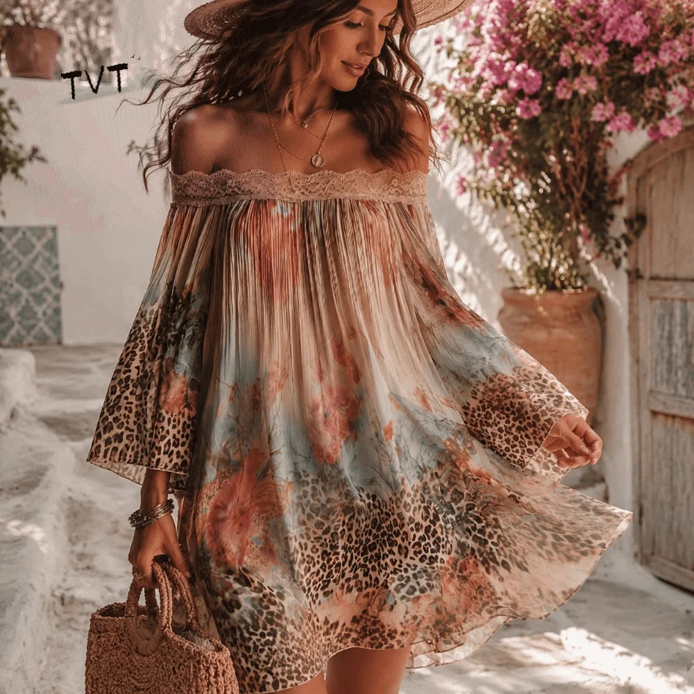 Retro Floral Print Off-Shoulder Dress Loose Lace Trim Summer Skirt Bohemian Leopard A-Line Fold Dress Casual Vacation