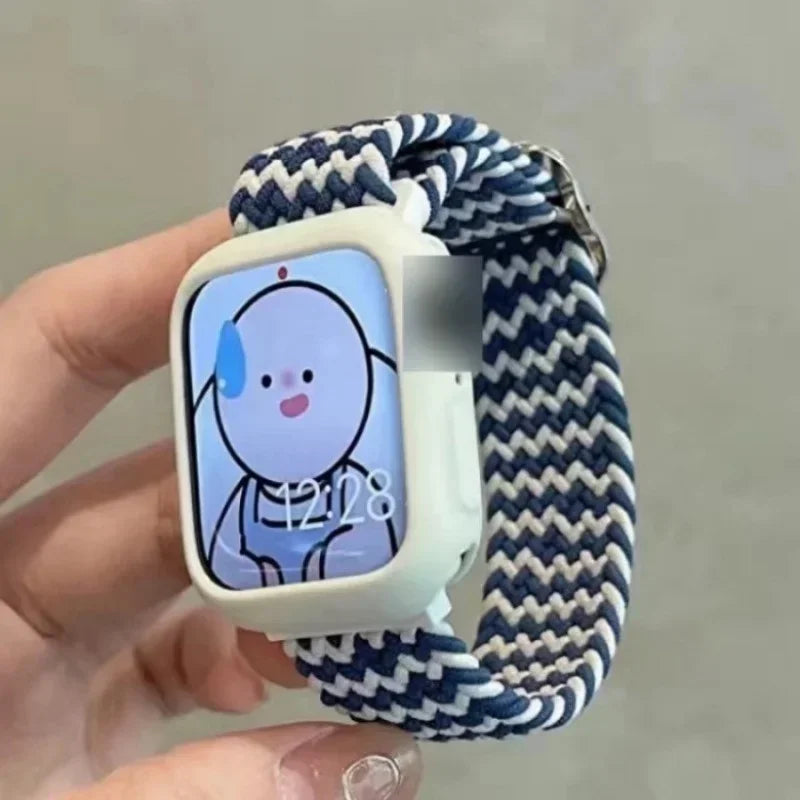 Korean Cute Braied Strap + Case For Apple Watch Band 49mm 41mm 45 44 38 42 Nylon Bracelet For iWatch Series 9 8 7 6 5 4 3 SE 40