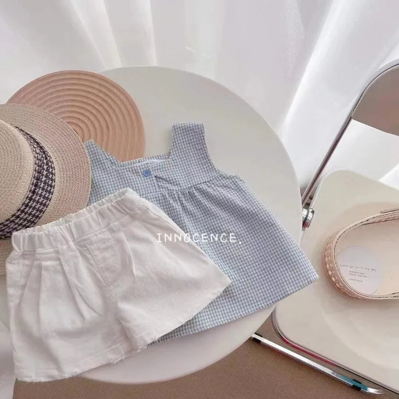 New Summer Kids Girls Clothes Sets Casual Girls Checked Straps+White Shorts 2pcs Suit Children Clothing Set