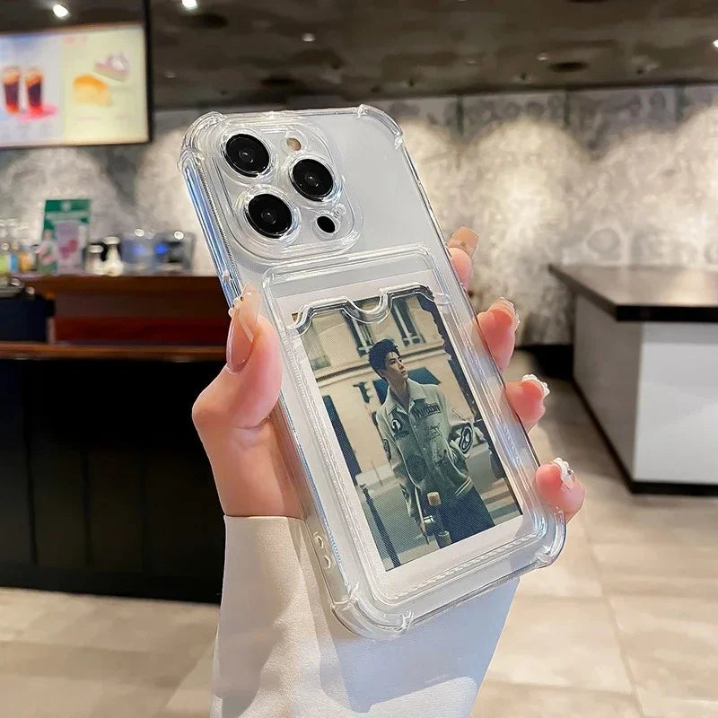 Transparent Card Bag Holder Phone Case For iPhone 11 12 13 14 15 16 17 18 Pro Max Plus AIr Wallet Shockproof Cover