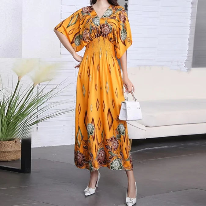2025 Summer New Casual Elegant Retro Bohemian Style V-neck Elastic Waist Large Swing Printed Long Skirt Autumn Summer Dress