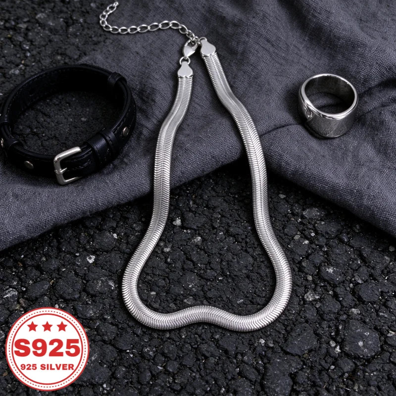 Wide Flat Snake Chain Necklace, 925 Sterling Silver, Adjustable Extended Chain, Unisex Trendy Jewelry, Daily Wear, Anniversary Birthday Holiday Gift, Buy Three Get One Free