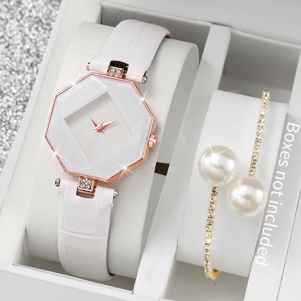 2PCS Fashion Women's Watches Casual Leather Band Analog Quartz Watch Pearls Bracelet Set（Without Box）