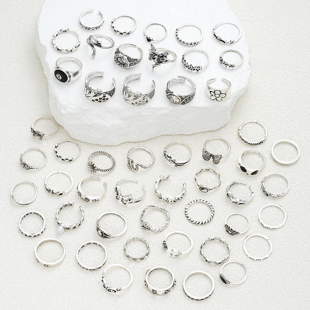 51pcs Gothic Punk Ring Set For Women Men Fashion Butterfly Heart Snake Design Match Ring Daily Wear Halloween Jewelry Gifts New