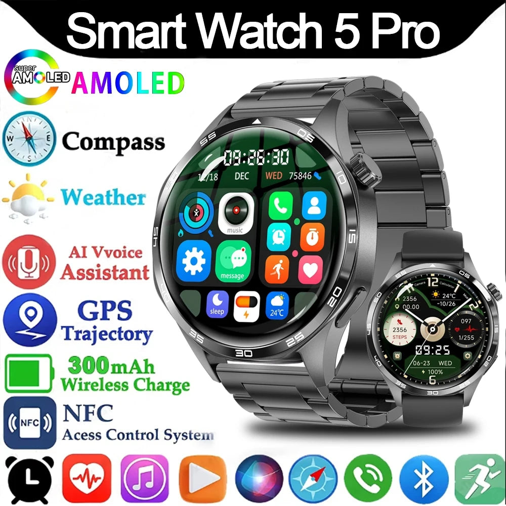 Smart Watch 5 Pro GPS NFC Smartwatch Men 360*360 AMOLED Screen Heart Rate Monitor Bluetooth Call IP67 Waterproof Men Smartwatch