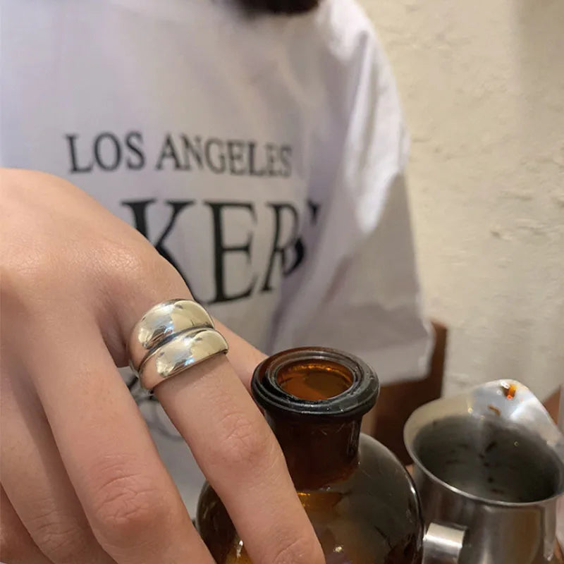 925 Silver Rings for Women Thick Wave Wide Solid Double-layer Punk Trendy Couple Female Party Birthday Gift