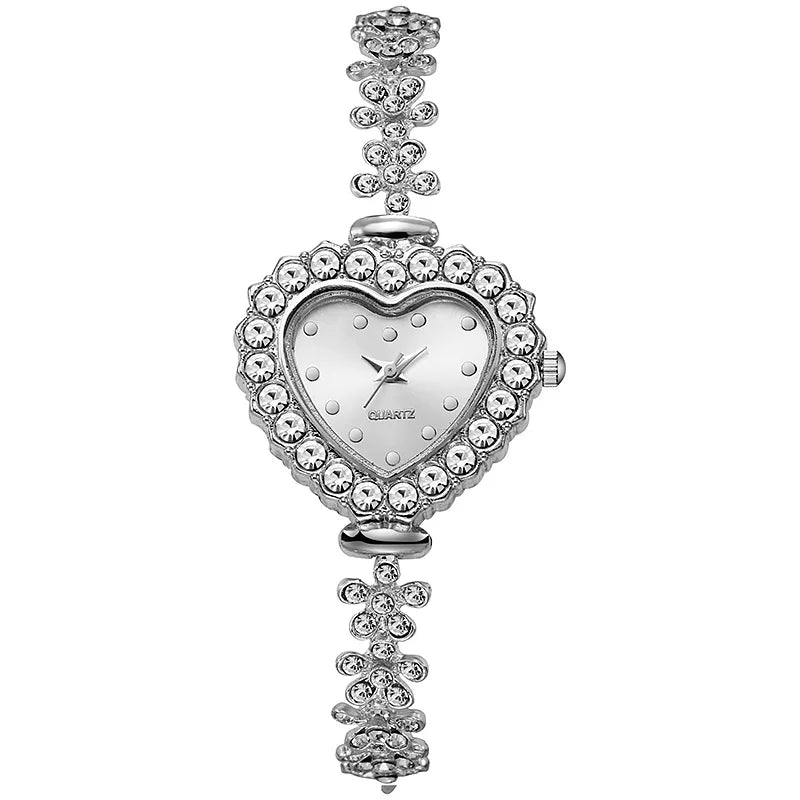 2PCS Set Women Watches Luxury Rhinestone Bracelet Ladies Heart Dial Quartz Wristwatches Dress Clock Montre Femme（Without Box ）