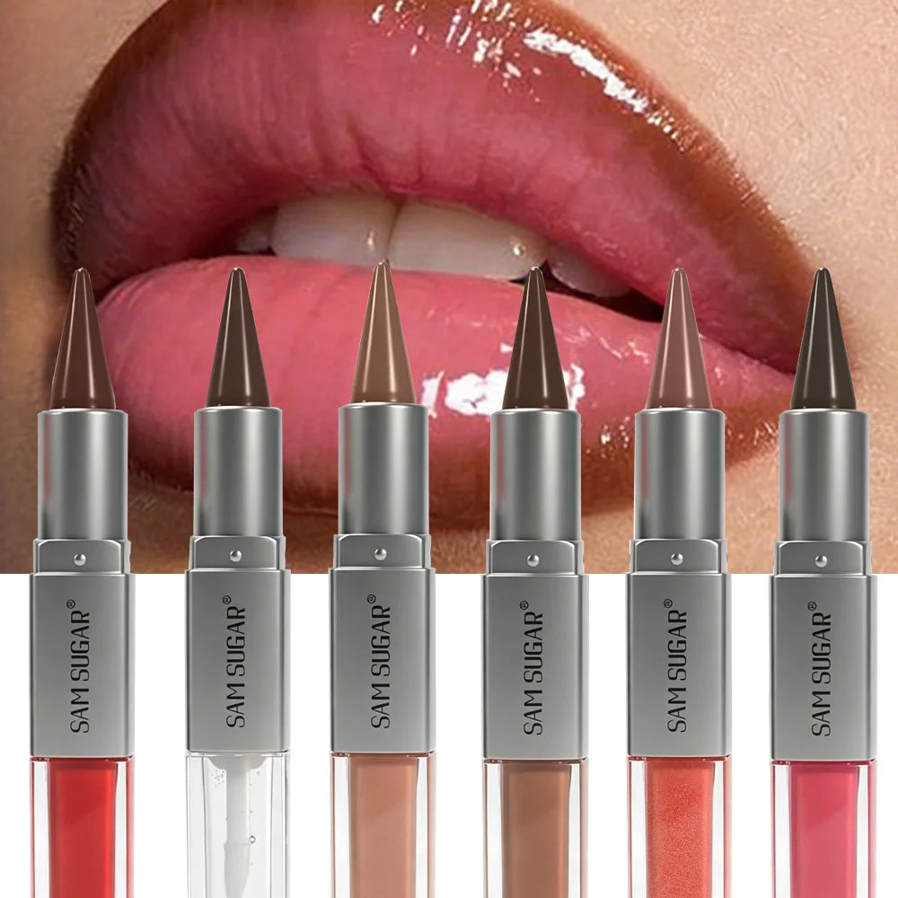 Double Head Lip Gloss Lipliner Two in One Moisturizing Texture Durable Gloss Easy to Apply Natural Lip Makeup