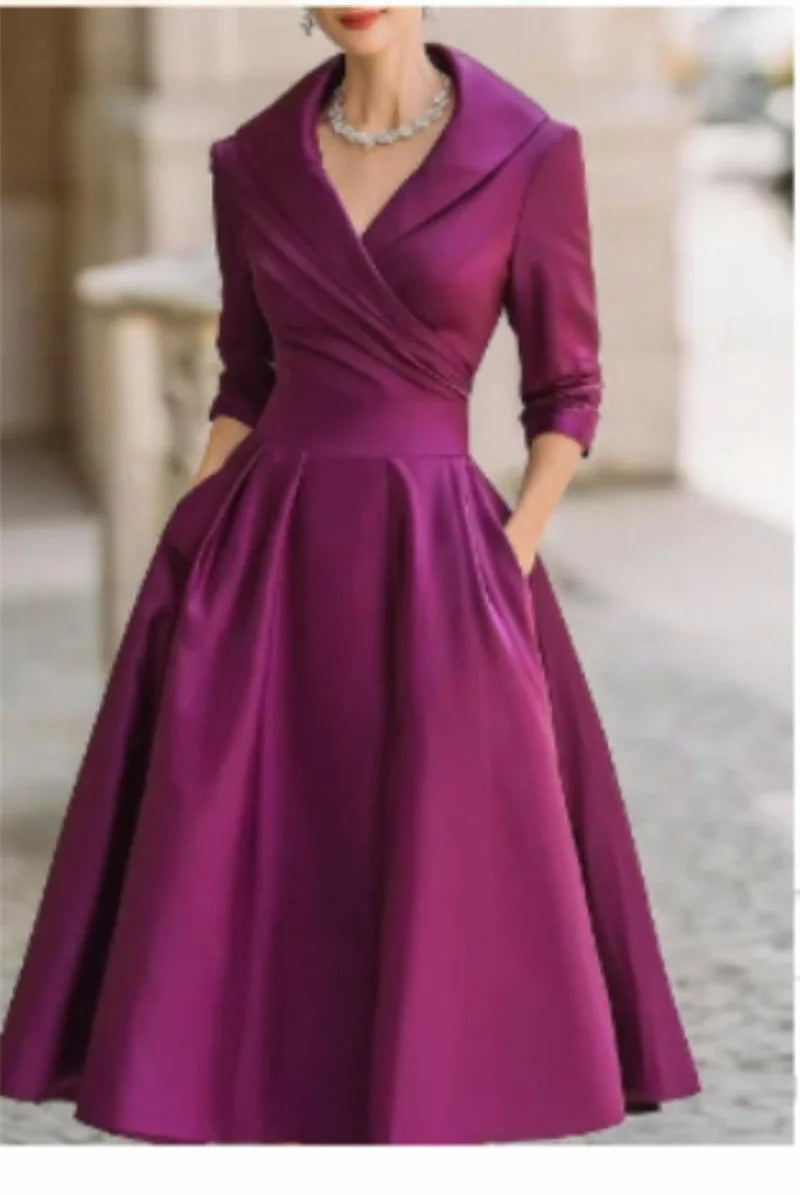 2025 Female Elegant Fashion Long Sleeve Temperament Slim Dress Spring Autumn Solid Casual Long Dress Lady Office A-line Dresses