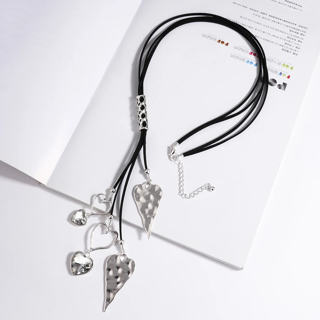 Amorcome Big Silver Color Heart Pendant Long Leather Necklace Boho Women Statement Ethnic Jewelry Lariat Necklace Mujer Collares