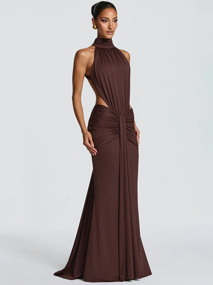 Mozision Turtleneck Backless Sexy Maxi Dress Women Gown Elegant Off-shoulder Sleeveless Ruched Bodycon Club Party Long Dress