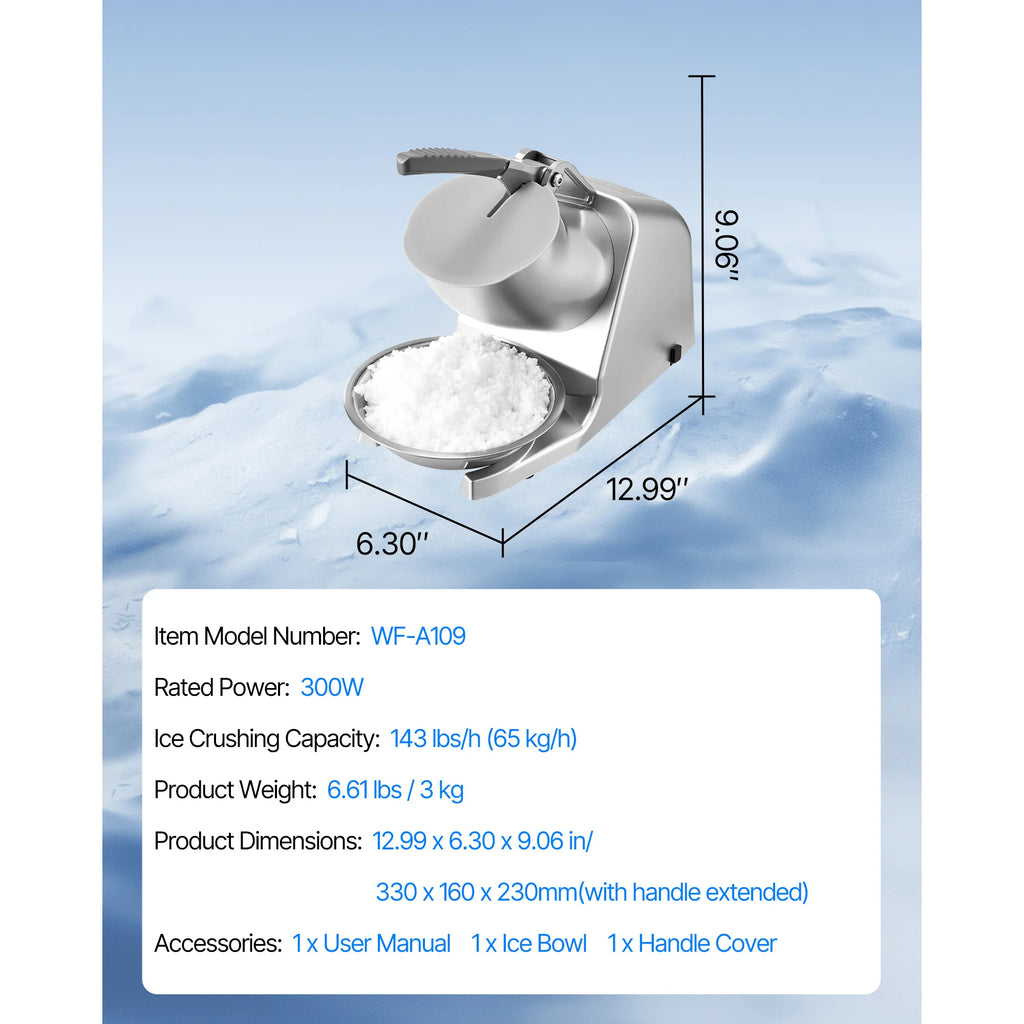 SucceBuy Ice Crusher Machine Stainless Steel Shaved Ice Machine with Bowl and Cover Ice-Shaver for Home and CommercialUse Silver