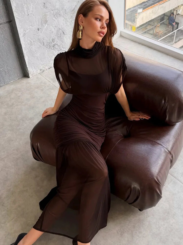 Tossy Black Mesh Fashion Maxi Dress For Women Sleeveless See-Through Patchwork Pleated Party Dress Female Autumn Long Dress 2025