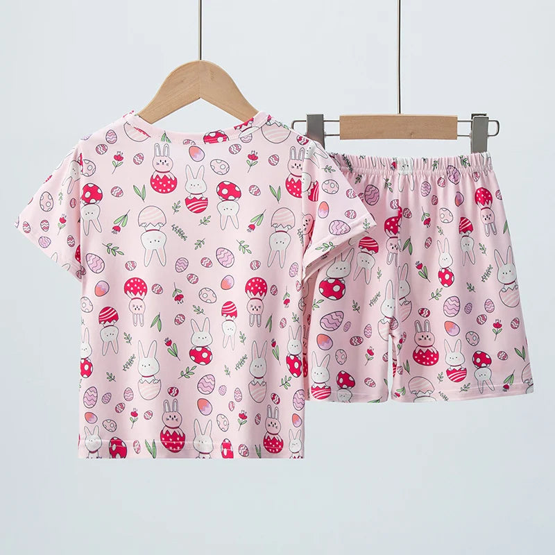 Summer CHILDREN'S Shorts and Short Sleeves 2-piece Pink Rabbit Girl Joker Casual Suit Home Clothes