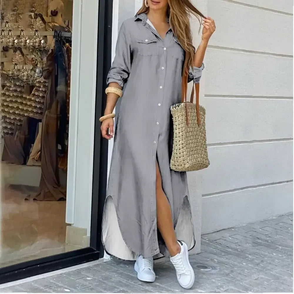 Women Shirt Dress Single Breasted Long Dresses Full Sleeve Turn Down Collar Solid Vestidos Shirts Pockets Split Casual 2025