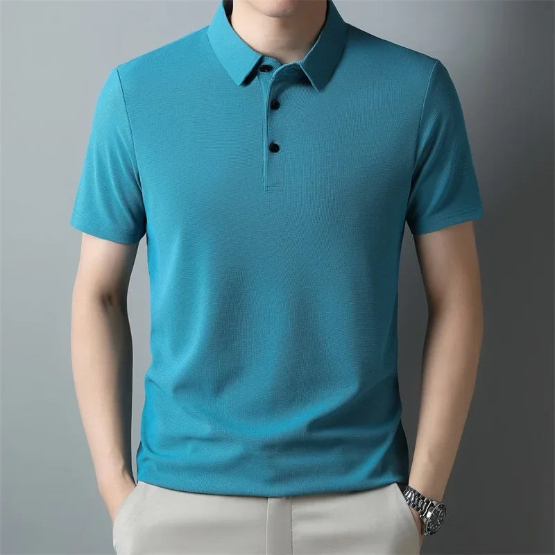 New Men's Casual Waffle Short Sleeve Polo Shirt Fashion Solid Color Top