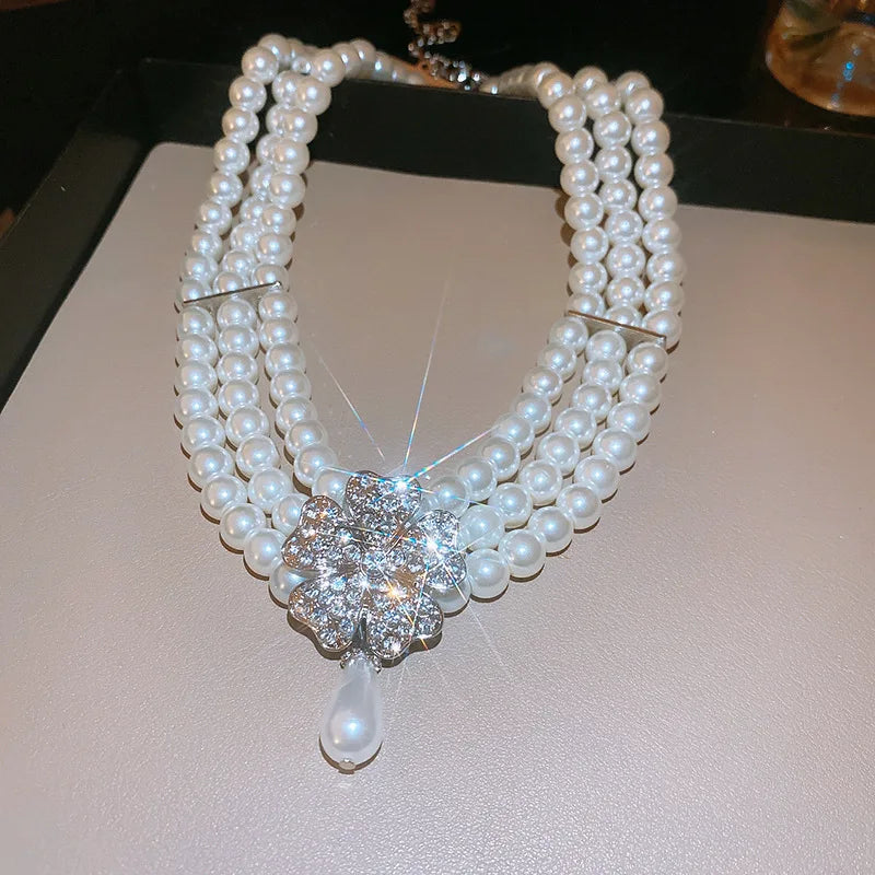 Luxury Rhinestone Crystal Chokers Necklaces For Women Multilayer Imitation Pearl Chain Necklace For Party Wedding Jewelry K-