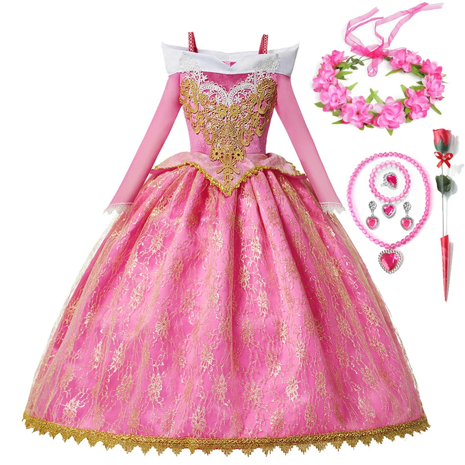 Sleeping Beauty Aurora Pink Gown Long Sleeve Princess Costume for Girls Carnival Birthday Party Cosplay Evening Dress 2-8Y