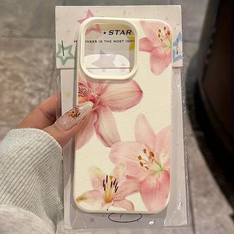 Pink Lily Flower Print Phone Case For iPhone 17 16 15 14 13 12 11 Pro Max Elegant Floral Leather Soft Protective Back Cover