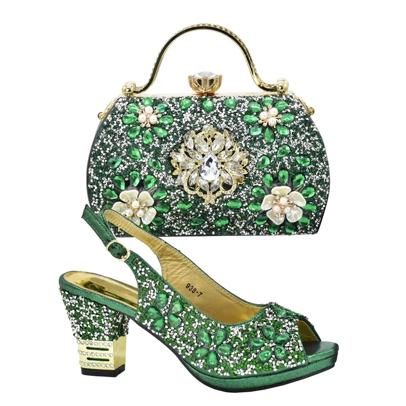 New Arrival Italian Women Wedding Shoes and Bag Set Decorated with Rhinestone Purple Shoes and Bags Sets Wedding Shoes Bride