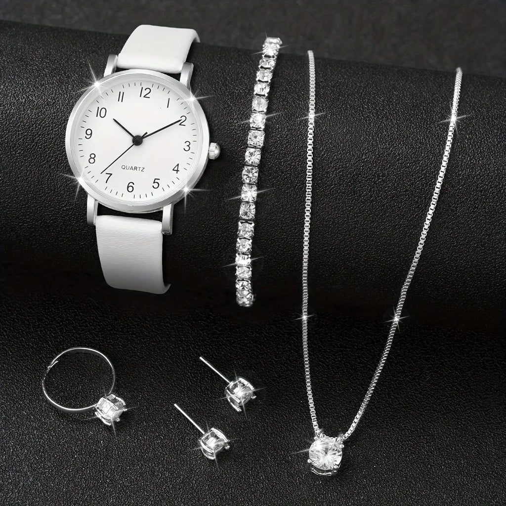5/6PCS Fashion Women's Quartz Watch Leather Band Analog Quartz Watches with Diamond Jewelry (Without Box)