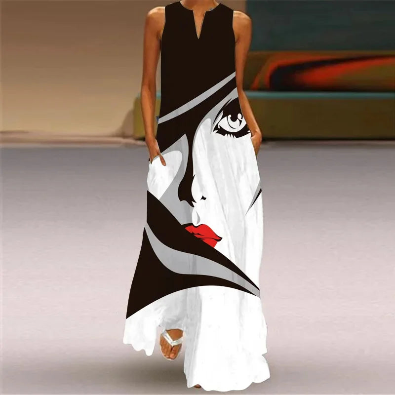 Summer Outdoor Street Fashion Women's Long Dress New Abstract Art Print Dress Sleeveless Vest V-Neck Fashion Women's Party Dress