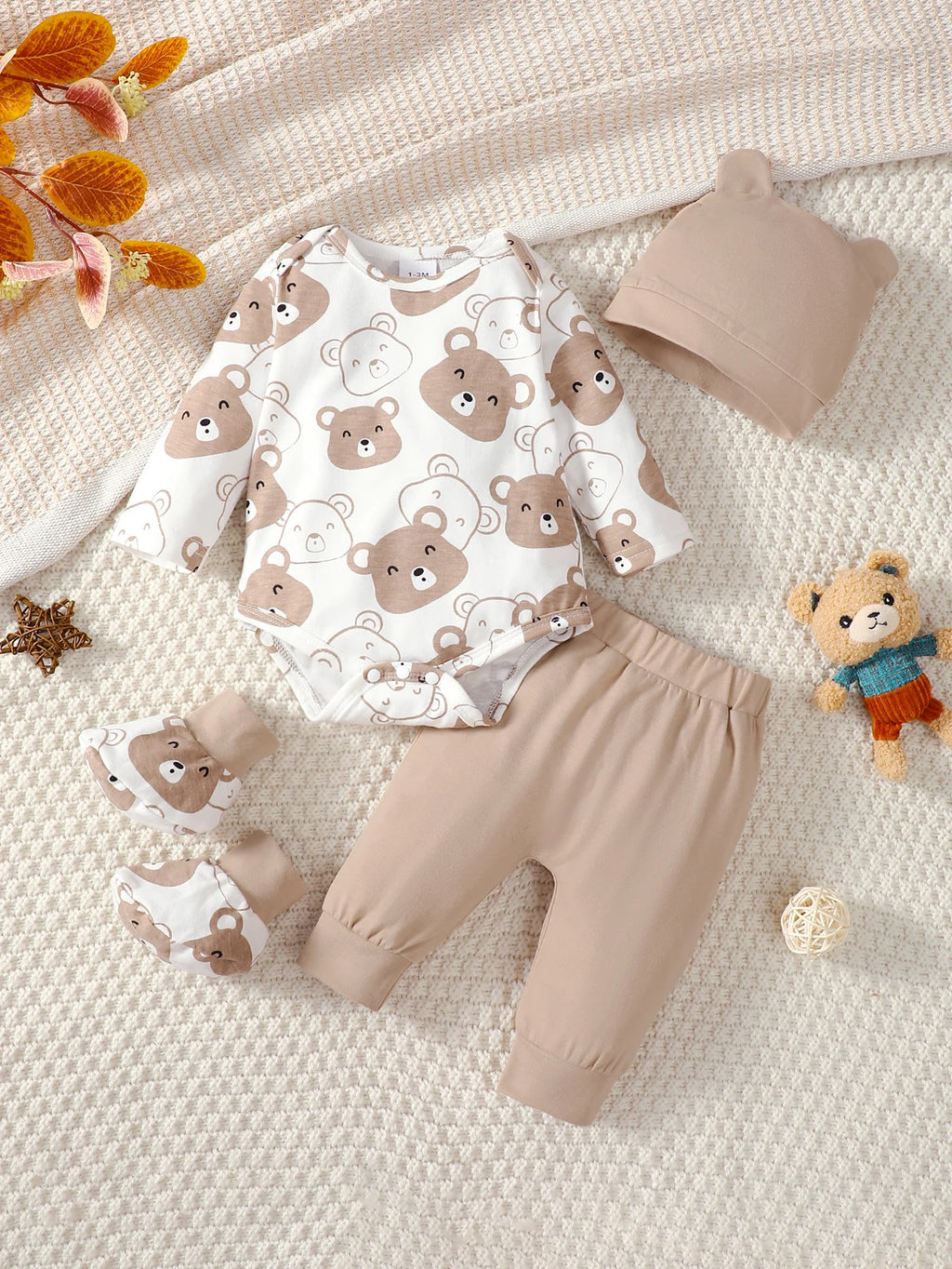 0-9 Months Newborn Baby Boy 4PCS Clothing Set Bear Print Short/Long Sleeve Bodysuit+Pants+Hat+Sock Cute Baby Photograph Outfit