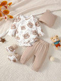0-9 Months Newborn Baby Boy 4PCS Clothing Set Bear Print Short/Long Sleeve Bodysuit+Pants+Hat+Sock Cute Baby Photograph Outfit