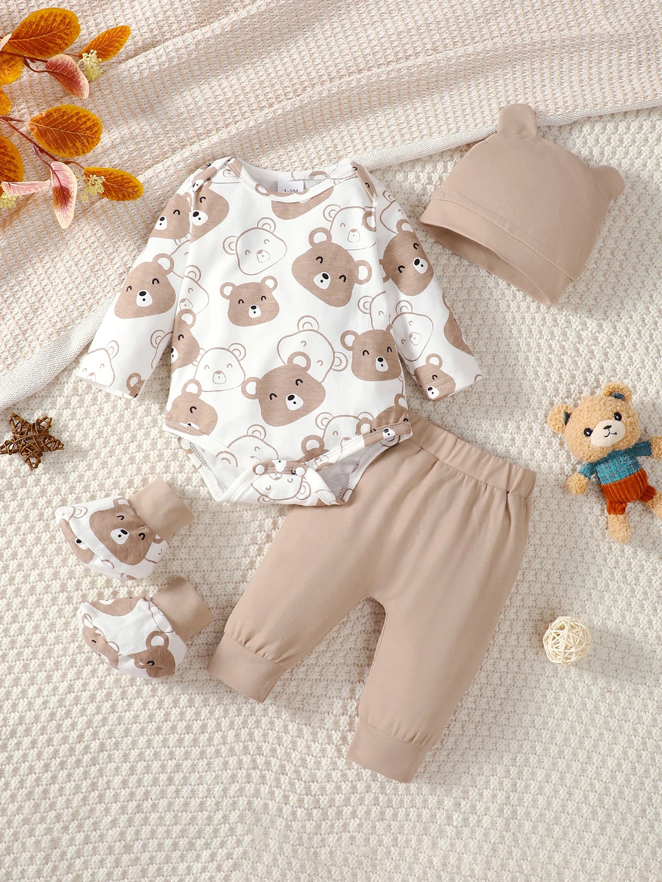 0-9 Months Newborn Baby Boy 4PCS Clothing Set Bear Print Short/Long Sleeve Bodysuit+Pants+Hat+Sock Cute Baby Photograph Outfit