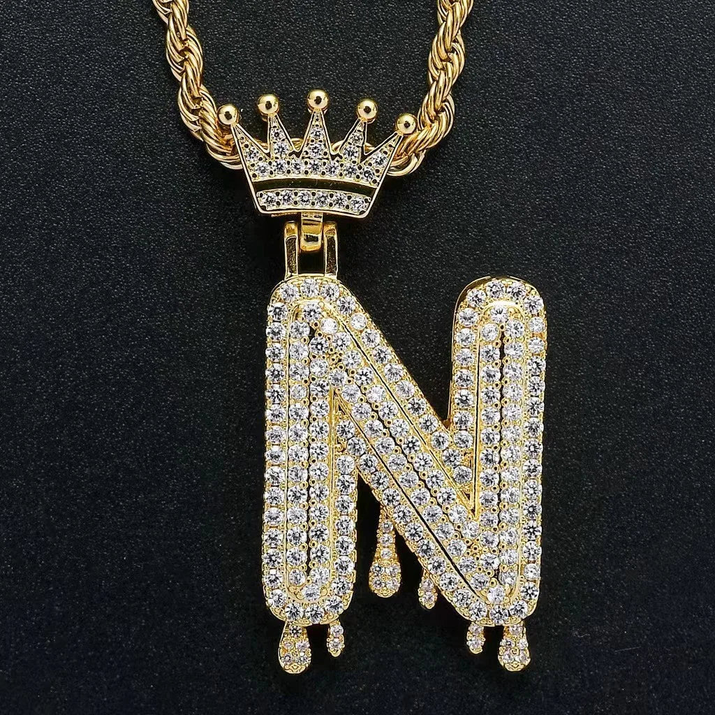 Hip Hop Iced Out Bling Cubic A-Z Drip Crown Zircon Initial Letters Necklaces Pendant Necklace Chain Men Jewelry with Rope Chain