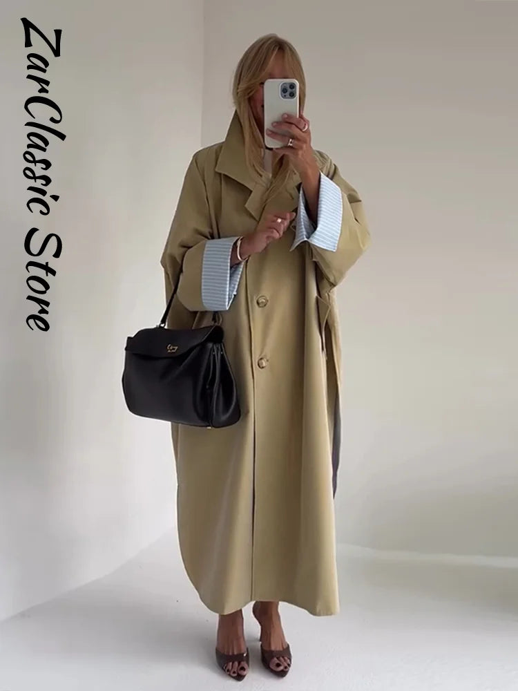 Elegant Khaki Women's Trench Coat Autumn High Neck Full Sleeve Loose Split Long Windbreaker Lady New Casual Chic Jacket 2026