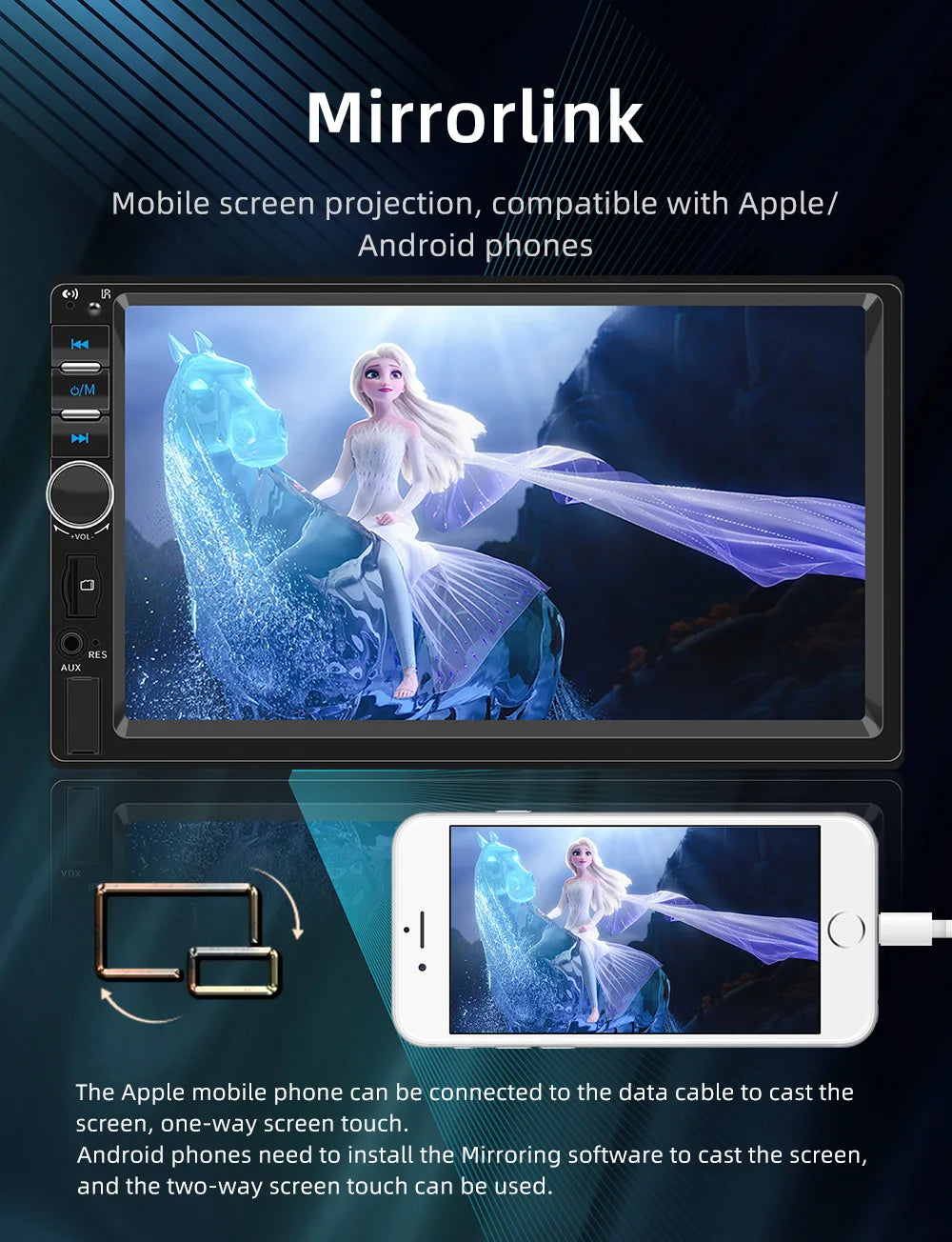 BQCC 7" 2Din/1 Din MP5 Car Player Mirrorlink wired Android AUTO/CarPlay BT AUX  Colorful lights FM Car Radio F7018C