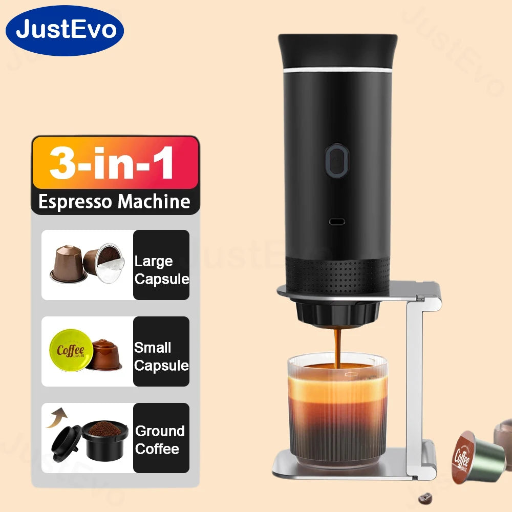 JustEvo Portable Espresso Machine 3-In-1 Travel Coffee Maker Compatible With Small Large Capsules And Ground Coffee Compact Electric Brewer For Car RV Camping Office Outdoor Your Mobile Coffee Shop