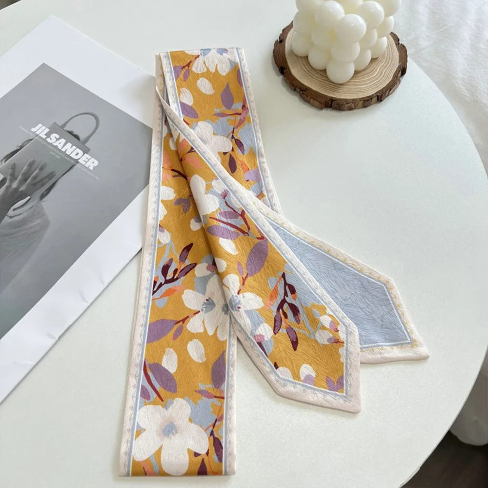 Summer Versatile Satin Silk Ribbon Scarf Long Thin Narrow Bag Strap Fresh Floral Hair Tie for Women