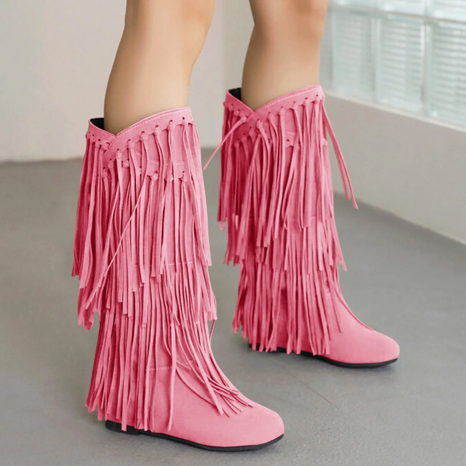Boots Women Mid Calf With Heel Women'S Winter Chunky Heel Fringe Boots Inside Booster Mid Faux Leather Western Boots