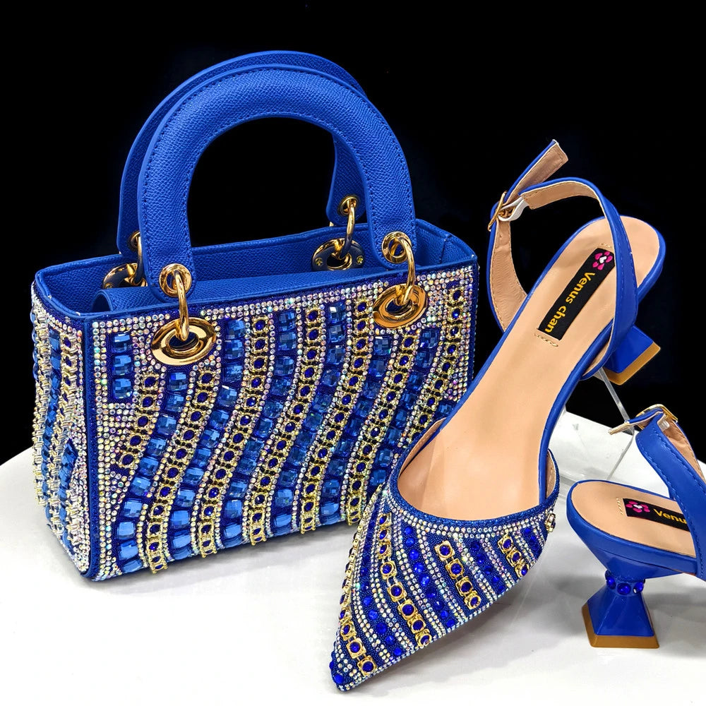 2025 Summer New Design Specials Italian Women Shoes and Bag Set Blue Color Comfortable Low Heels With Rhinestone