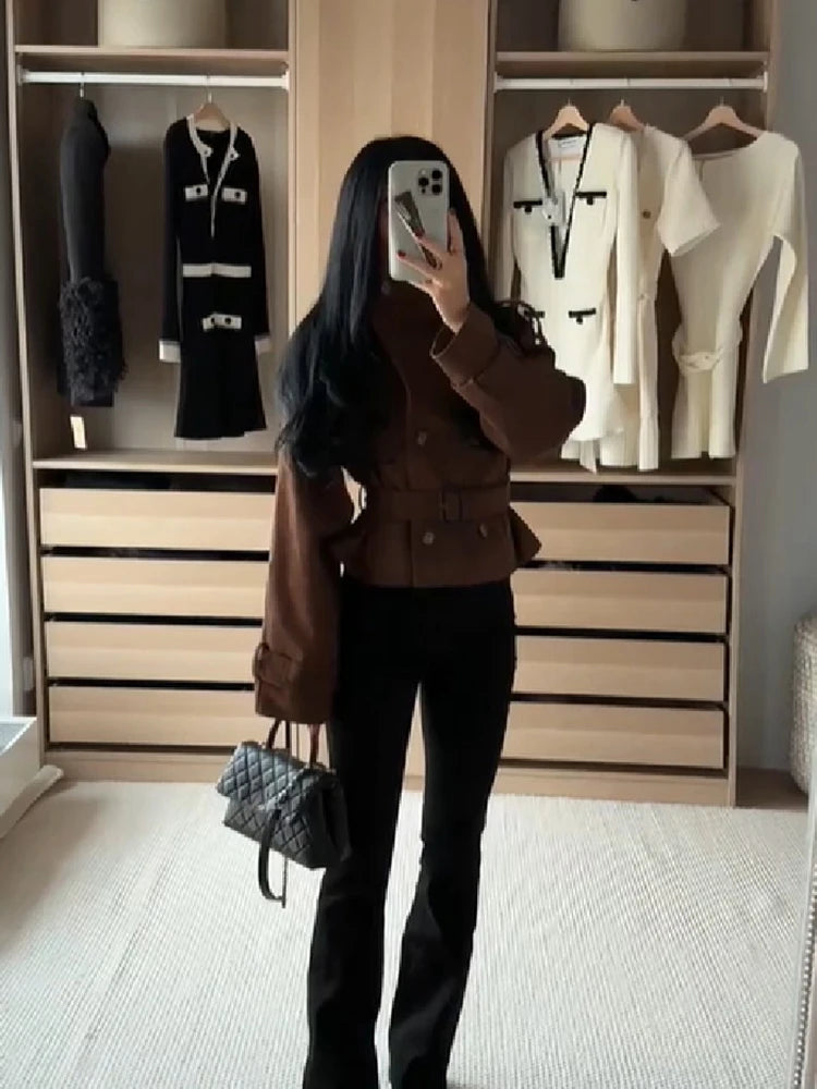 Autumn Winter Ladies Cropped Trench Jacket Faux Suede Double‑breasted Stand Collar Belt Waist Slim Fit Casual Outerwear Coat