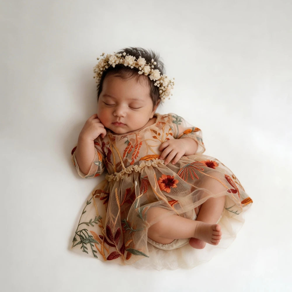 Newborn Girl Photography Dress Embroidered Floral Tulle Outfit Newborn Photo Shoot Dress Boho Newborn Photoshoot Outfits
