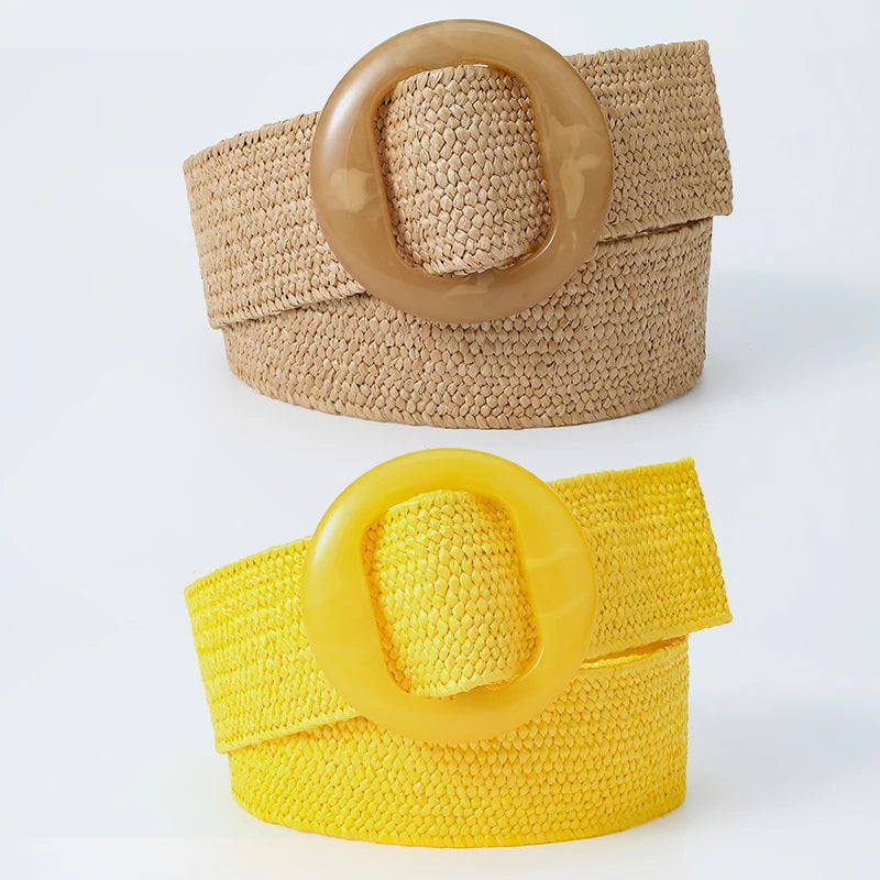 Beltox Women Straw Woven Elastic Wide Belt Solid Color with Matching Plastic Buckle