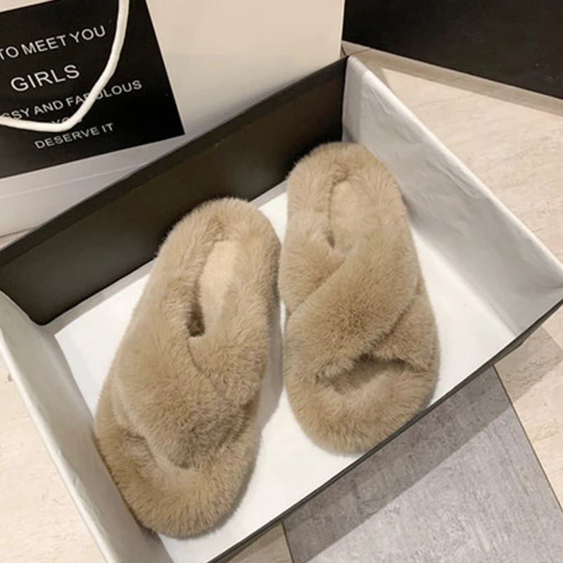 Women Furry Fur Slippers Soft Faux Fur Slides Ladies Plush House Slippers Cross Strap Open Toe Flat Sandals Fluffy Warm Shoes