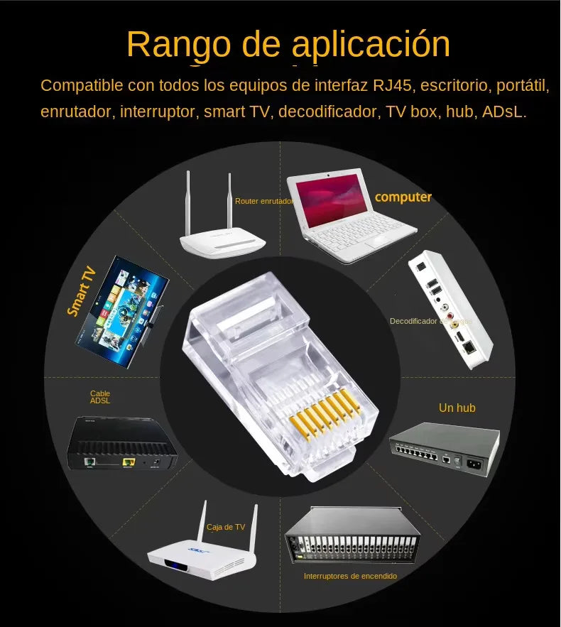 100pcs RJ45 Connector CAT6 Pass Through Connectors Crystal End Gold-Plated 8P8C Crimp UTP Standard Ethernet Network Modular Plug