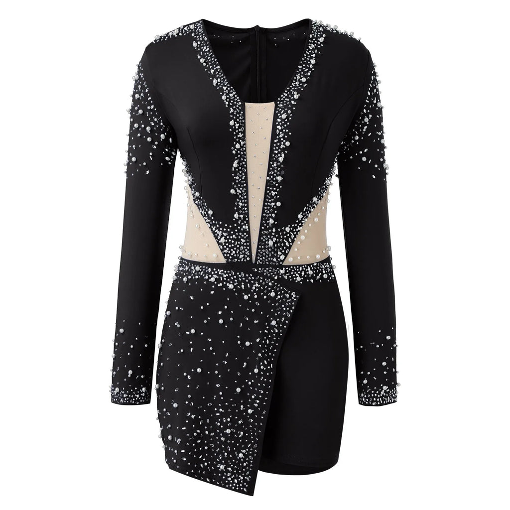 Women Glitter Rhinestone Sequins Formal Romper Clubwear Party Long Sleeve Deep V-Neck Mesh Sexy Playsuit One-Piece Jumpsuit