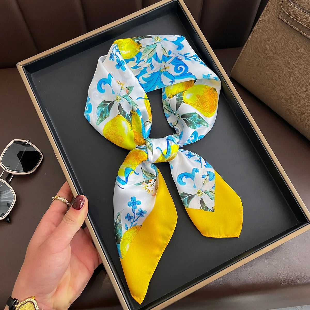 2025 New Yellow Lemon Print Square Silk Scarf for Women 70*70cm Neck Ties Fashion Decorate Neckerchief Female Hijab Bag Ribbions