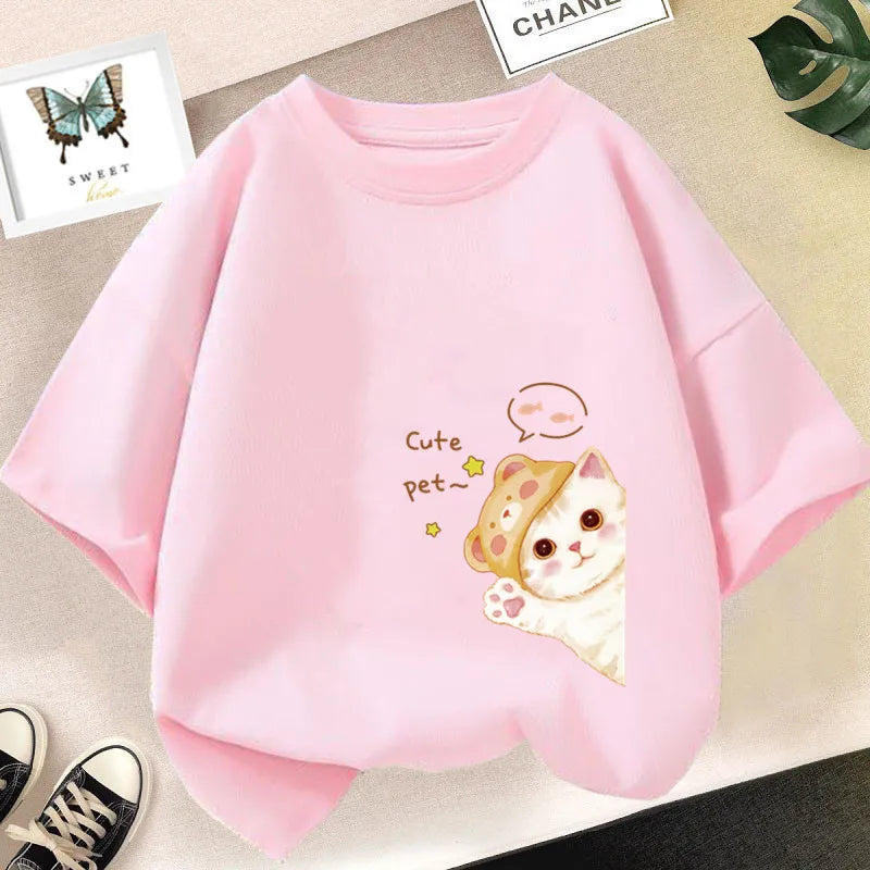 Girls Clothes 2024 Summer Fashion T-Shirt Fun And Cute Cat Kitten Print Short-Sleeved Tops Children Summer Clothes