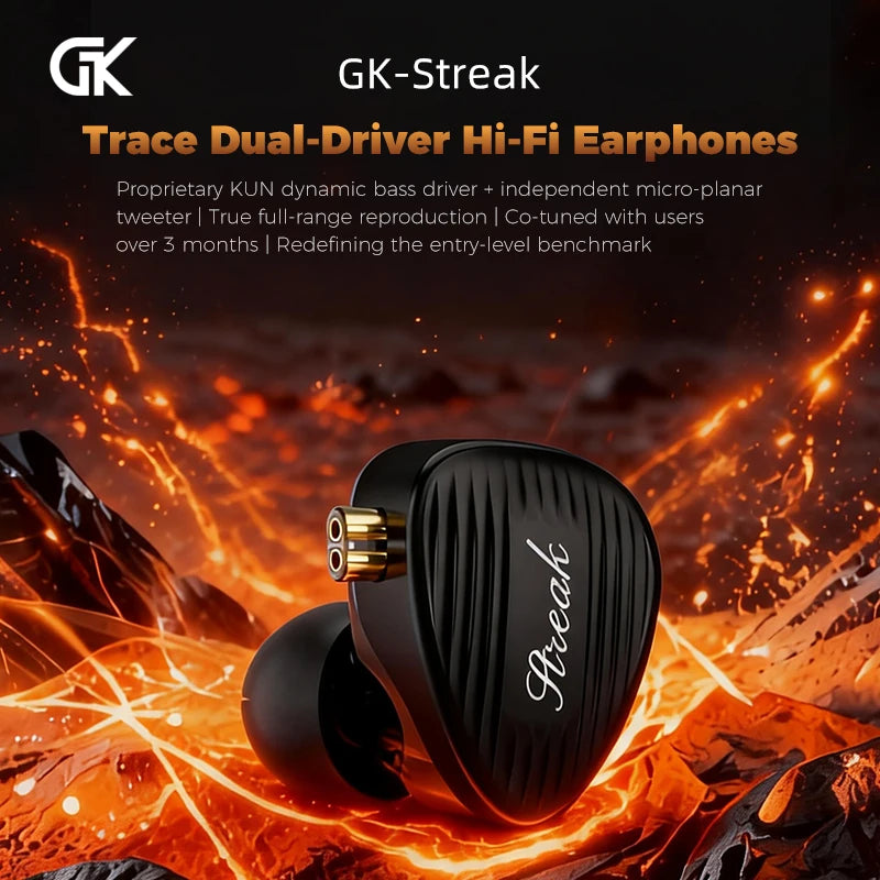 GK Streak Hi-Fi In-Ear Monitors KUN  Dynamic + Micro Planar Dual-Driver Earphones with Detachable Cable GK-KUNTEN Upgraded